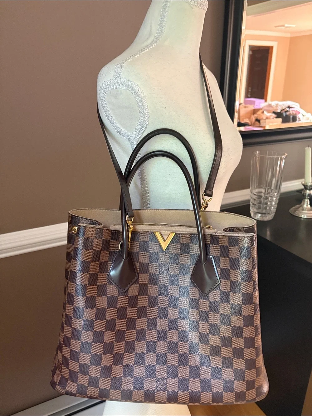 Louis Vuitton Brown Checkered Tote with Gold Accent( OPEN TO REALISTIC OFFERS)